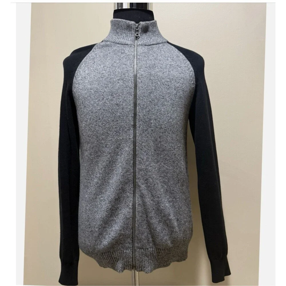 Banana Republic Mens Gray Black Mock Neck Full Zip Knit Sweater Jacket Pullover